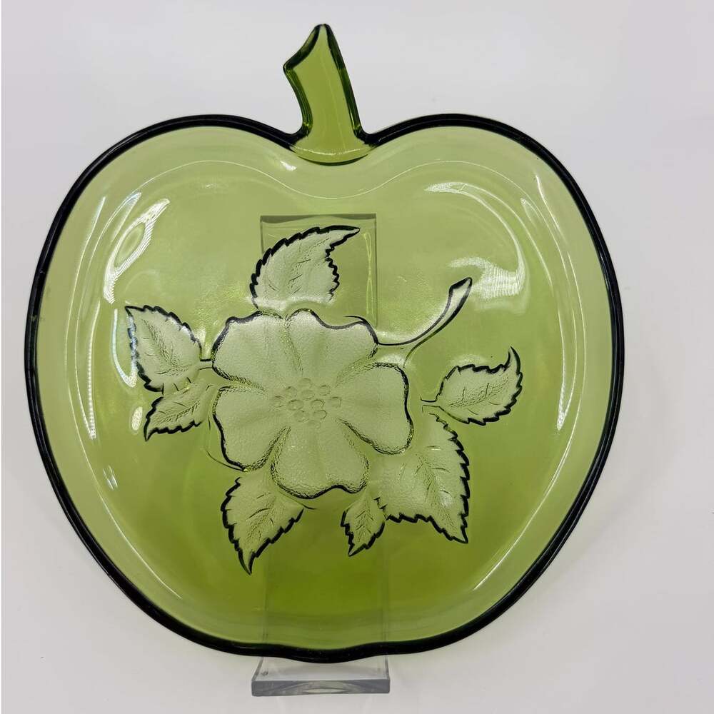 Vintage Green Glass Apple Plate Floral Embossed 9" Decorative Dish